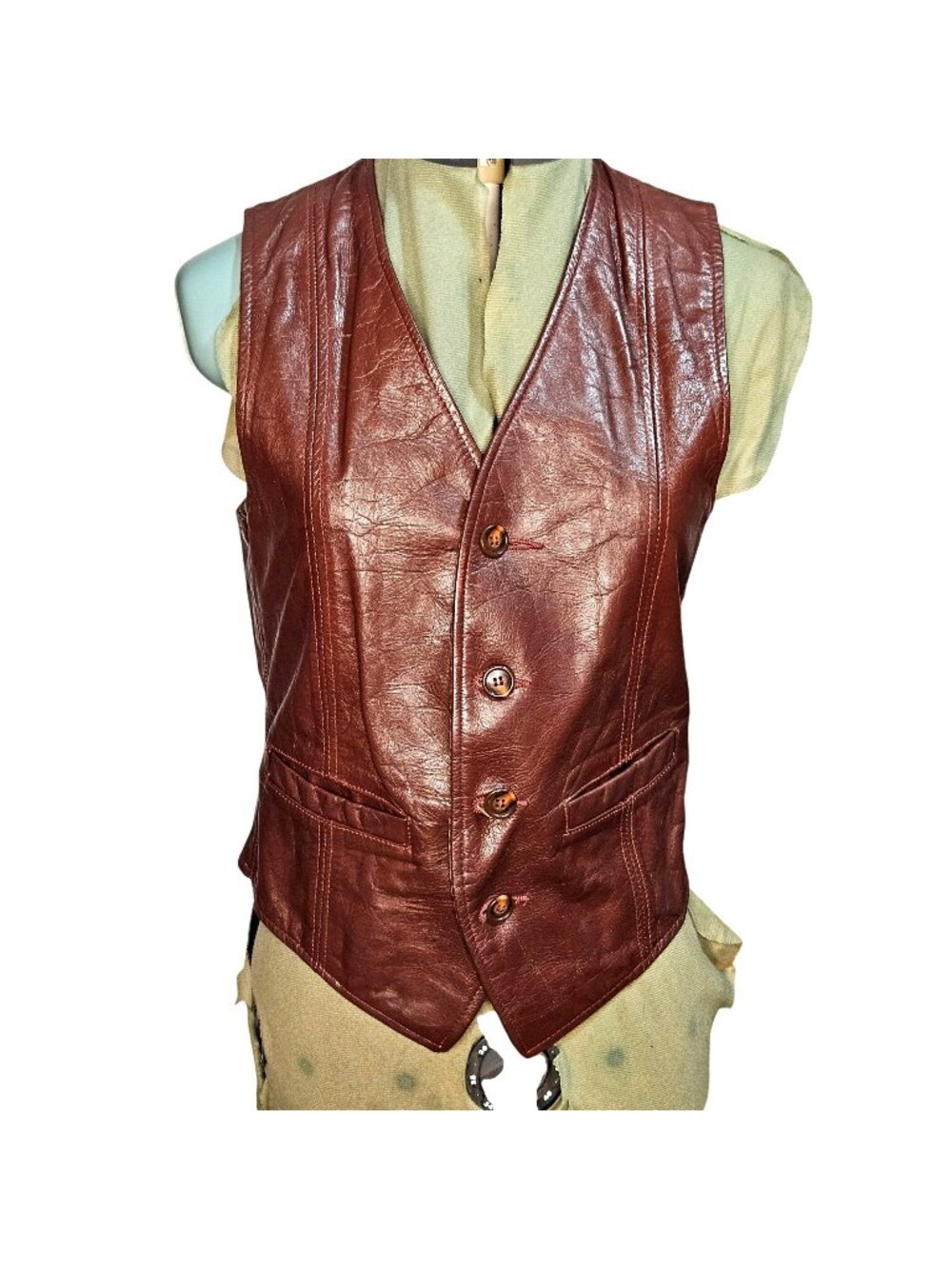 Men's Genuine Leather vintage 70's retro mahogany/brown v-neck button up vest S